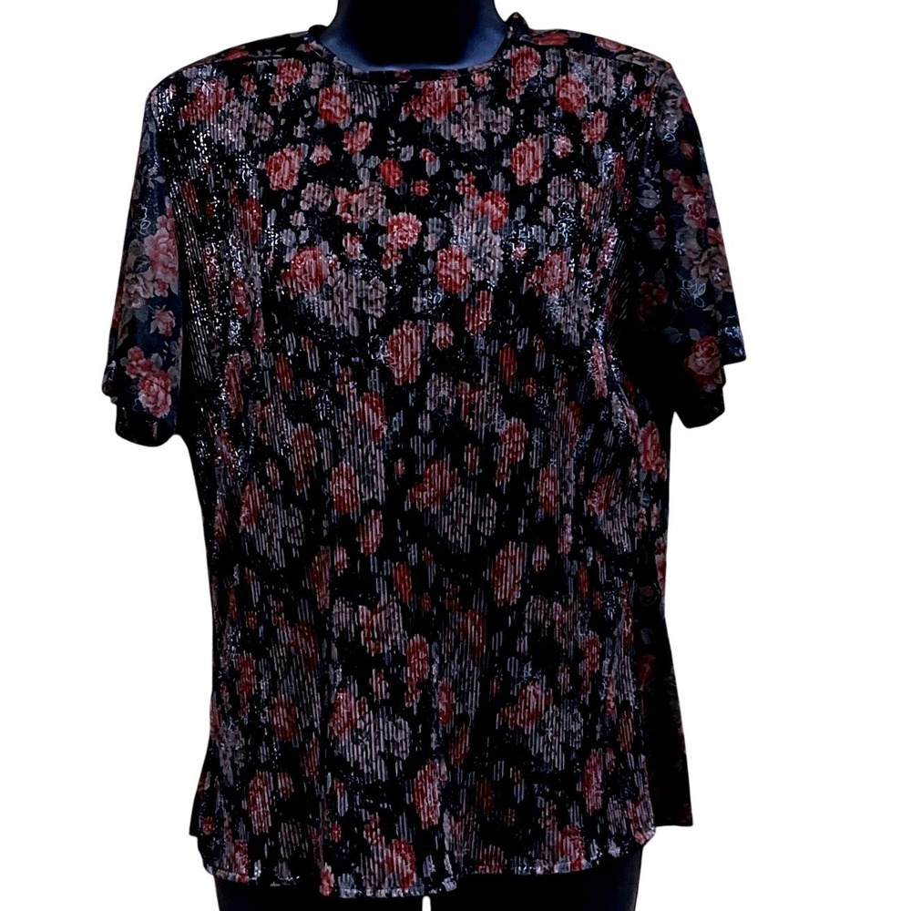 Notations Blouse Women 8P Black Red Floral Pleated Glitter Vintage 90s Satin Top
